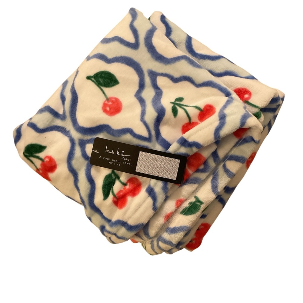 Nicole Miller 6’ Beach Towel with Cherry and Blue Design NWT